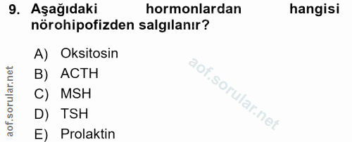 9. soru: Aşağıdaki hormonlardan hangisi nörohipofizden salgılanır? A) Oksitosin B) ACTH C) MSH D) TSH E) Prolaktin