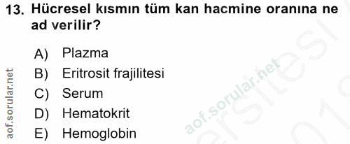 13. soru: Hücresel kısmın tüm kan hacmine oranına ne ad verilir? A) Plazma B) Eritrosit frajilitesi C) Serum D) Hematokrit E) H…