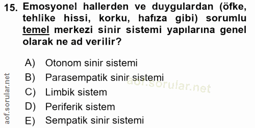 15. soru: Emosyonel hallerden ve duygulardan (öfke, tehlike hissi, korku, hafıza gibi) sorumlu temel merkezi sinir sistemi yapı…