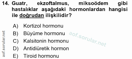 14. soru: Guatr, ekzoftalmus, miksoödem gibi hastalıklar aşağıdaki hormonlardan hangisi ile doğrudan ilişkilidir? A) Kortizol h…