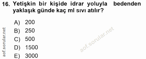 16. soru: Yetişkin bir kişide idrar yoluyla bedenden yaklaşık günde kaç ml sıvı atılır? A) 200 B) 250 C) 500 1500 E) 3000