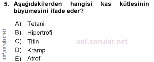 5. soru: Aşağıdakilerden hangisi kas kütlesinin büyümesini ifade eder? A) Tetani B) Hipertrofi Titin D) Kramp E) Atrofi