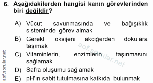 6. soru: Aşağıdakilerden hangisi kanın görevlerinden biri değildir? A) Vücut savunmasında ve bağışıklık sisteminde görev almak…