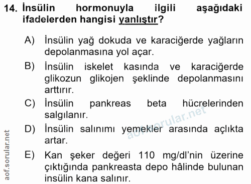 14. soru: Insülin hormonuyla ilgili aşağıdaki ifadelerden hangisi yanlıştır? A) Insülin yağ dokuda ve karaciğerde yağların depo…