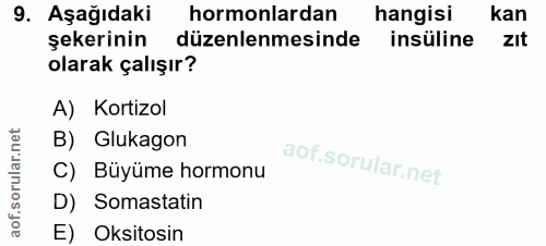 9. soru: Aşağıdaki hormonlardan hangisi kan şekerinin düzenlenmesinde insüline zit olarak çalışır? A) Kortizol B) Glukagon C)…