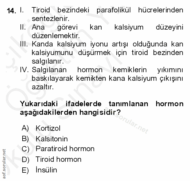 14. soru: 1. Tiroid bezindeki parafolikül hücrelerinden sentezlenir. II. Ana gorevi • kan kalsiyum düzeyini düzenlemektir. III.…
