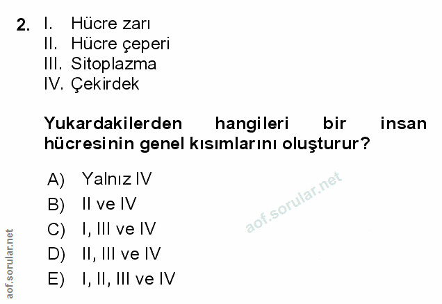 2. soru: I. Hücre zarı II. Hücre çeperi III. Sitoplazma IV. Çekırdek Yukardakilerden hangileri bir insan hücresinin genel kısı…