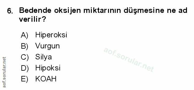 6. soru: Bedende oksijen miktarının düşmesine ne ad verilir? A) Hiperoksi B) Vurgun C) Silya D) Hipoksi E) KOAH