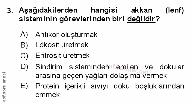 3. soru: Aşağıdakilerden hangisi akkan (lenf) sisteminin görevlerinden biri degildir? A) Antikor oluşturmak B) Lökosit üretmek…