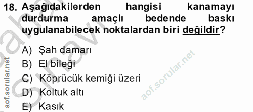 18. soru: Aşağıdakilerden hangisi kanamayı durdurma amaçlı bedende baskı uygulanabilecek noktalardan biri değildir? A) Şah dama…