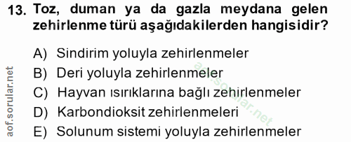 13. soru: Toz, duman ya da gazla meydana gelen zehirlenme türü aşağıdakilerden hangisidir? A) Sindirim yoluyla zehirlenmeler B)…