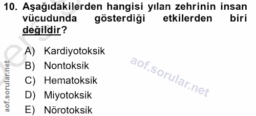 10. soru: Aşağıdakilerden hangisi yılan zehrinin insan vücudunda gösterdiği etkilerden biri değildir? A) Kardiyotoksik B) Nonto…