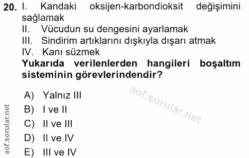 20. soru: I. Kandaki oksijen-karbondioksit değişimini sağlamak Il. Vücudun su dengesini ayarlamak II. Sindirim artıklarını dışk…