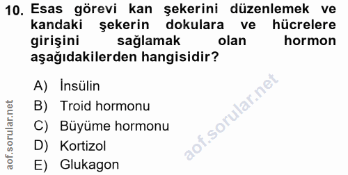 10. soru: Esas görevi kan şekerini düzenlemek ve kandaki şekerin dokulara ve hücrelere girişini sağlamak olan hormon aşağıdakil…