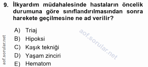 9. soru: İlkyardım müdahalesinde hastaların öncelik durumuna göre sınıflandırılmasından sonra harekete geçilmesine ne ad veril…