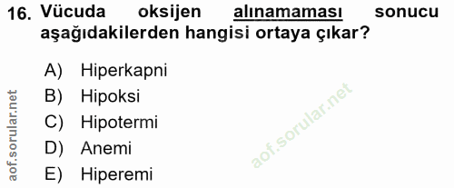 16. soru: Vücuda oksijen alınamaması sonucu aşağıdakilerden hangisi ortaya çıkar? A) Hiperkapni B) Hipoksi C) Hipotermi D) Anem…