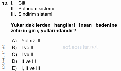 12. soru: I. Cilt II. Solunum sistemi IlI. Sindirim sistemi Yukarıdakilerden hangileri insan bedenine zehirin giriş yollarından…