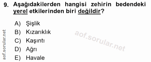 9. soru: Aşağıdakilerden hangisi zehirin bedendeki yerel etkilerinden biri değildir? A) Şişlik B) Kızarıklık C) Kaşıntı D) Ağr…