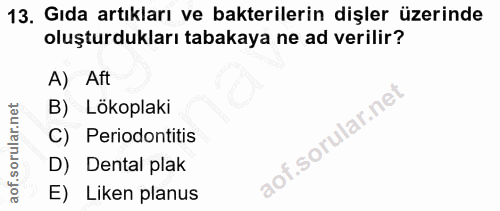 13. soru: Gıda artıkları ve bakterilerin dişler üzerinde oluşturdukları tabakaya ne ad verilir? A) Aft B) Lökoplaki C) Periodon…