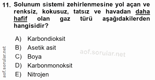11. soru: Solunum sistemi zehirlenmesine yol açan ve renksiz, kokusuz, tatsız ve havadan daha hafif olan gaz türü aşağıdakilerd…