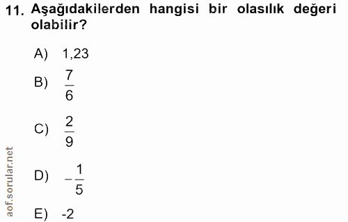 11. soru: Aşağıdakilerden hangisi bir olasılık değeri olabilir? A) 1,23 B) 6 2 9 D) E) -2