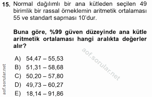 15. soru: Normal dağılımlı bir ana kütleden seçilen 49 birimlik bir rassal örneklemin aritmetik ortalaması 55 ve standart sapma…