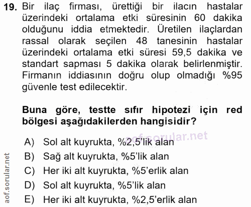19. soru: Bir ilaç firması, ürettiği bir ilacın hastalar üzerindeki ortalama etki süresinin 60 dakika olduğunu iddia etmektedir…