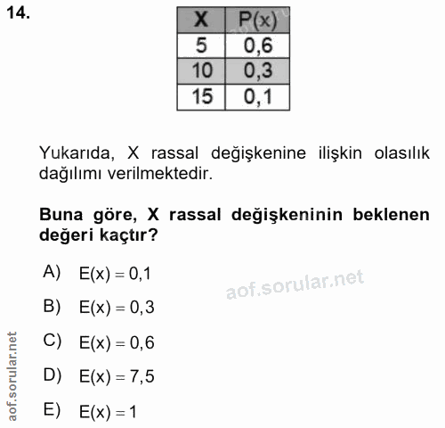 14. soru: P(x) 5 0,6 10 0,3 15 0,1 Yukarıda, X rassal değişkenine ilişkin olasılık dağılımı verilmektedir. Buna göre, X rassal…