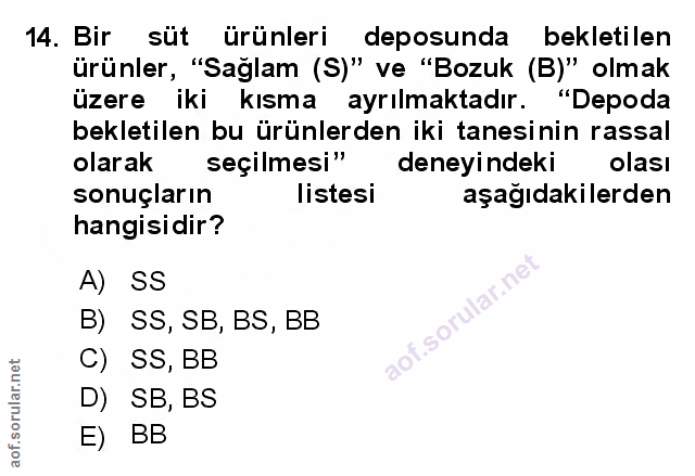 14. soru: Bir süt ürünleri deposunda bekletilen ürünler, "Sağlam (S)" ve "Bozuk (B)" olmak üzere iki kısma ayrilmaktadır. "Depo…