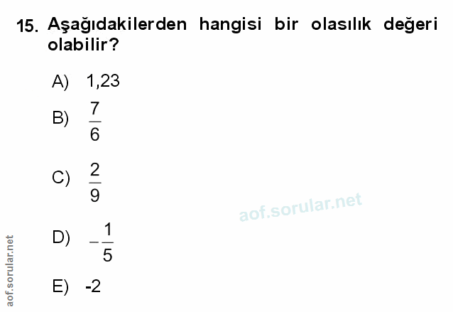 15. soru: Aşağıdakilerden hangisi bir olasılık değeri olabilir? A) 1,23 B) 6 C) 9 D) 1 5 E) -2