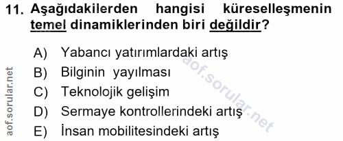11. soru: Aşağıdakilerden hangisi küreselleşmenin temel dinamiklerinden biri değildir? A) Yabancı yatırımlardaki artış B) Bilgi…