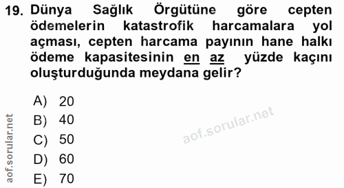 19. soru: Dünya Sağlık Örgütüne göre cepten ödemelerin katastrofik harcamalara yol açması, cepten harcama payının hane halkı öd…