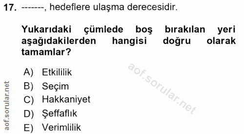 17. soru: —-, hedeflere ulaşma derecesidir. Yukarıdaki çümlede boş birakılan yeri aşağıdakilerden hangisi doğru olarak tamamlar…