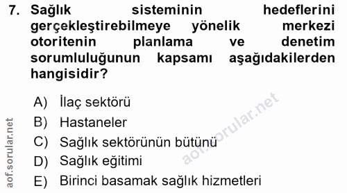 7. soru: Sağlık sisteminin hedeflerini gerçekleştirebilmeye yönelik merkezi otoritenin planlama ve denetim sorumluluğunun kaps…