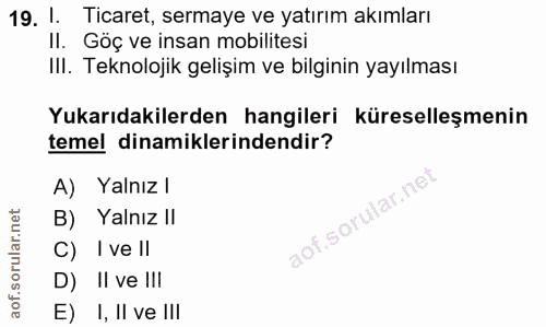 19. soru: 1. Ticaret, sermaye ve yatırım akımları II. Göç ve insan mobilitesi III. Teknolojik gelişim ve bilginin yayılması Yuk…