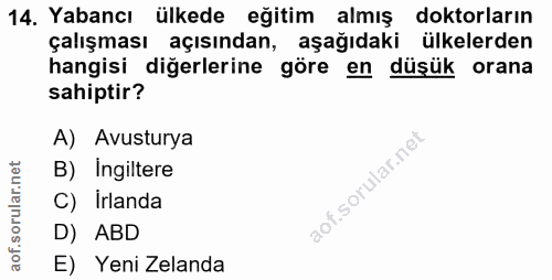 14. soru: Yabancı ülkede eğitim almış doktorların çalışması açısından, aşağıdaki ülkelerden hangisi diğerlerine göre en düşük o…