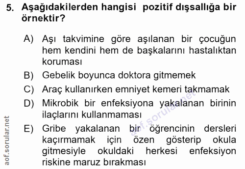 5. soru: Aşağıdakilerden hangisi pozitif dışsallığa bir örnektir? A) Aşı takvimine göre aşılanan bir çocuğun hem kendini hem d…