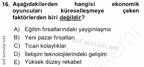 16. soru: Aşağıdakilerden hangisi ekonomik oyuncuları küreselleşmeye çeken faktörlerden biri değildir? A) Egitim fırsatlarındak…