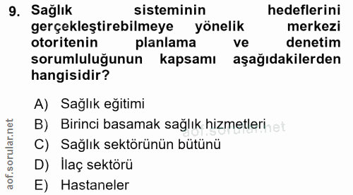 9. soru: Sağlık sisteminin hedeflerini gerçekleştirebilmeye yönelik merkezi otoritenin planlama ve denetim sorumluluğunun kaps…