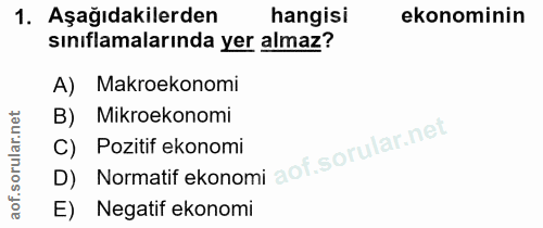 1. soru: Aşağıdakilerden hangisi ekonominin sınıflamalarında yer almaz? A) Makroekonomi B) Mikroekonomi D) Normatif ekonomi ao…
