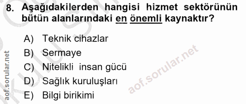 8. soru: Aşağıdakilerden hangisi hizmet sektörünün bütün alanlarındaki en önemli kaynaktır? A) Teknik cihazlar B) Sermaye C) N…