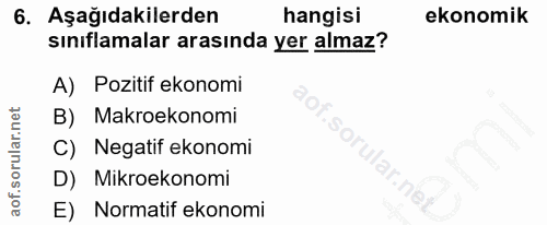 6. soru: Aşağıdakilerden hangisi ekonomik sınıflamalar arasında yer almaz? A) Pozitif ekonomi B) Makroekonomi C) Negatif ekono…