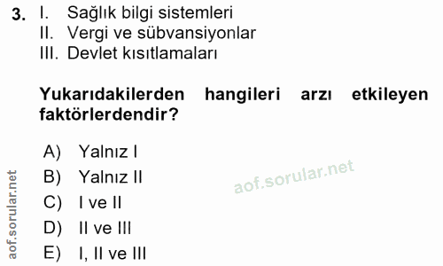 3. soru: . 1. Sağlık bilgi sistemleri II. Vergi ve sübvansiyonlar III. Devlet kısıtlamaları Yukarıdakilerden hangileri arzı et…