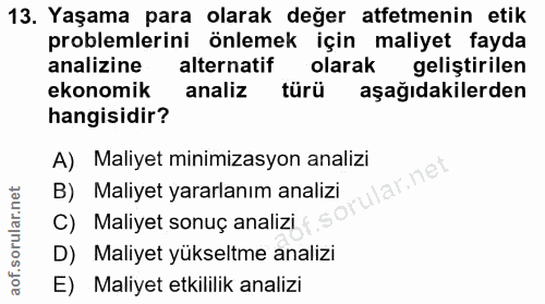 13. soru: Yaşama para olarak değer atfetmenin etik problemlerini önlemek için maliyet fayda analizine alternatif olarak gelişti…