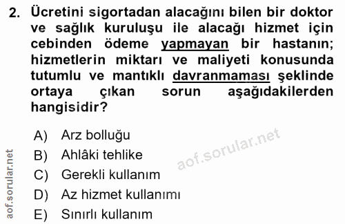2. soru: Ucretini sigortadan alacağını bilen bir doktor ve sağlık kuruluşu ile alacağı hizmet için cebinden ödeme yapmayan bir…