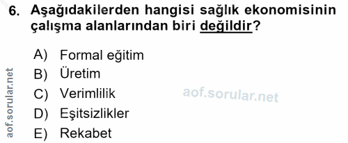 6. soru: Aşağıdakilerden hangisi sağlık ekonomisinin çalışma alanlarından biri değildir? A) Formal eğitim B) Uretim C) Verimli…