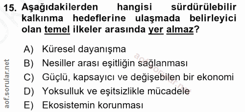 15. soru: Aşağıdakilerden hangisi sürdürülebilir kalkınma hedeflerine ulaşmada belirleyici olan temel ilkeler arasında yer alma…