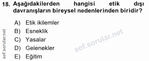 18. soru: Aşağıdakilerden hangisi etik dişı davranışların bireysel nedenlerinden biridir? A) Etik ikilemler B) Esneklik C) Yasa…