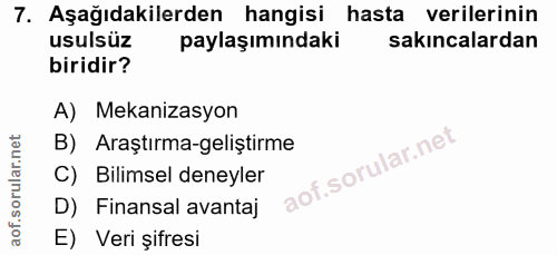 7. soru: Aşağıdakilerden hangisi hasta verilerinin usulsüz paylaşımındaki sakıncalardan biridir? A) Mekanizasyon B) Araştırma-…