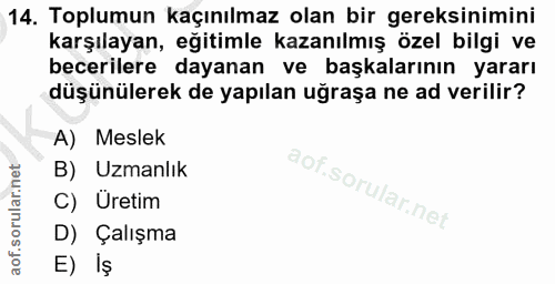 14. soru: Toplumun kaçınılmaz olan bir gereksinimini karşılayan, eğitimle kazanılmış özel bilgi ve becerilere dayanan ve başkal…